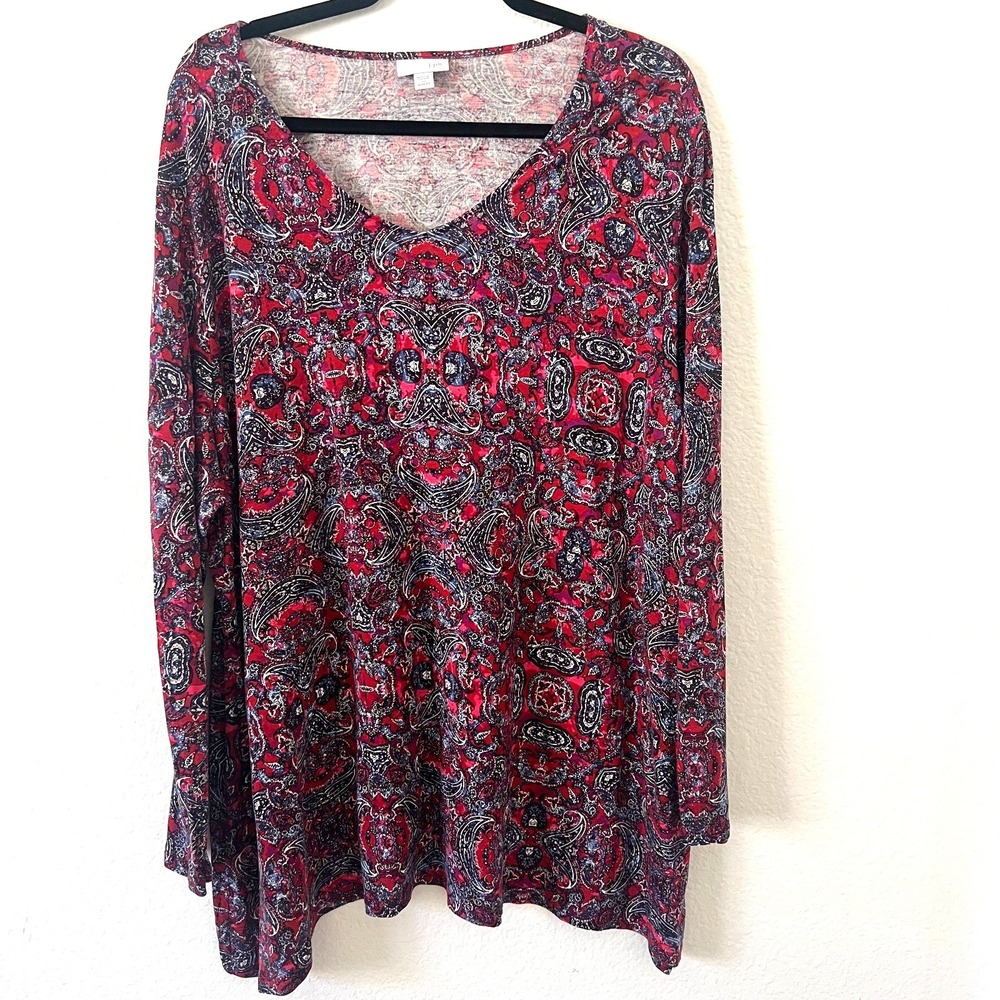 J. Jill Sz 3X Jersey Knit Tunic Top Red Paisley Print Boho Artsy‎ Hippie Lyocell